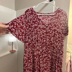 BloomChic Burgundy and White Long Floral Dress with modest side leg slit.